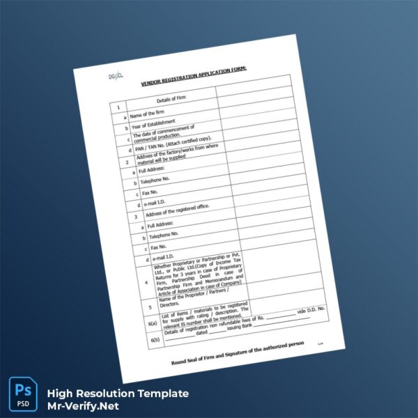 Editable India Vendor Registration Application Form Word and Pdf Template 4 page