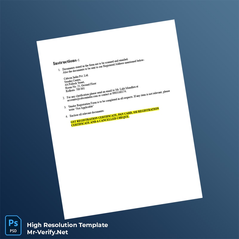 Editable India Vendor Registration Form Word and Pdf Template 3 page Editable India Vendor Registration Form Word and Pdf Template 3 page