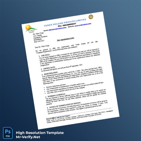 Editable India Verde Solaire Private Limited Employment Verification Letter Word and Pdf Template 3 page