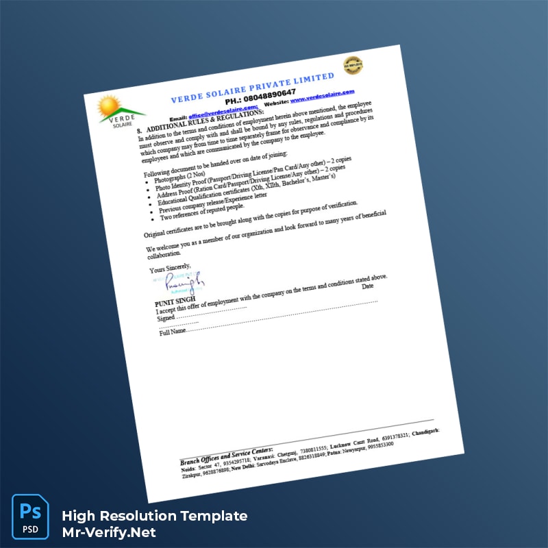 Editable India Verde Solaire Private Limited Employment Verification Letter Word and Pdf Template 3 page Editable India Verde Solaire Private Limited Employment Verification Letter Word and Pdf Template 3 page