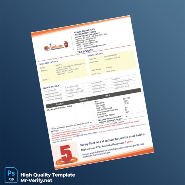 India Vijaya Indane Gas Tax Invoice Template in Word and PDF formats 2 page