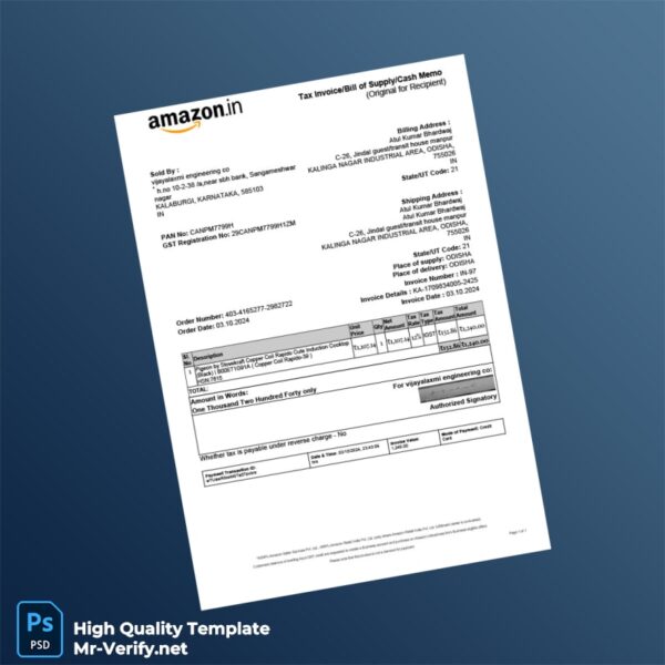 India Vijayalaxmi Engineering Co Invoice Template in Word and PDF formats