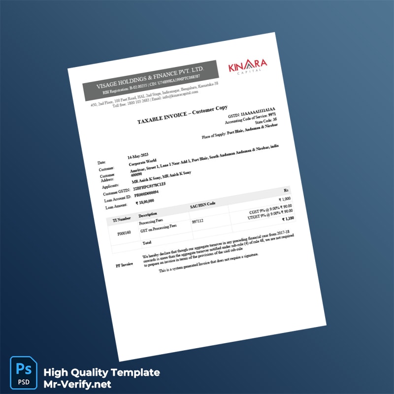 India Visage Holdings Finance Pvt Ltd Tax Invoice Template in Word and PDF formats 2 page India Visage Holdings Finance Pvt Ltd Tax Invoice Template in Word and PDF formats 2 page