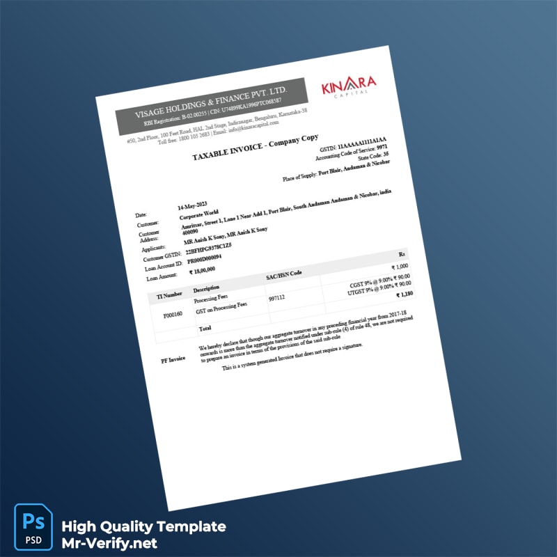 India Visage Holdings Finance Pvt Ltd Tax Invoice Template in Word and PDF formats 2 page India Visage Holdings Finance Pvt Ltd Tax Invoice Template in Word and PDF formats 2 page