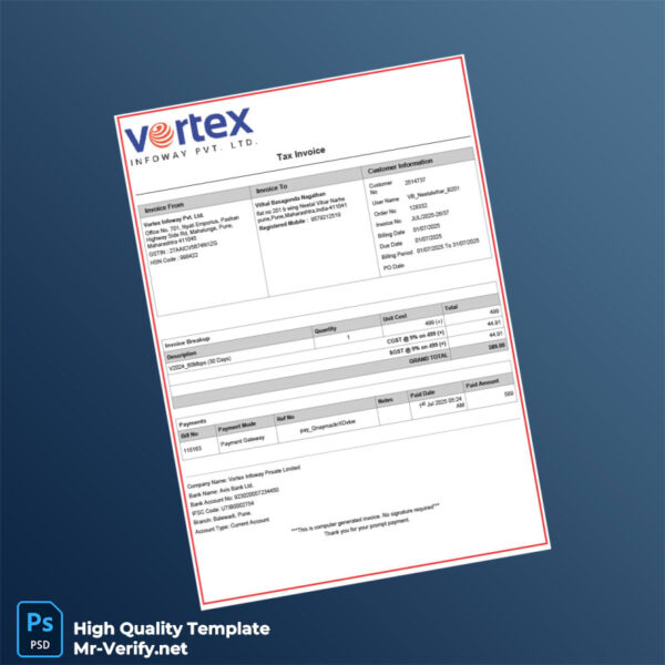 India Vortex Infoway Pvt Ltd Tax Invoice Template in Word and PDF formats