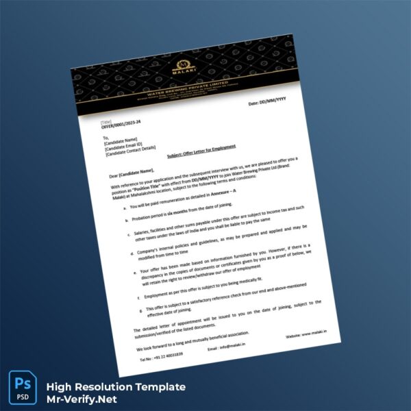 Editable India Water Brewing Private Limited Offer Letter Word and Pdf Template 3 page Editable India Water Brewing Private Limited Offer Letter Word and Pdf Template 3 page