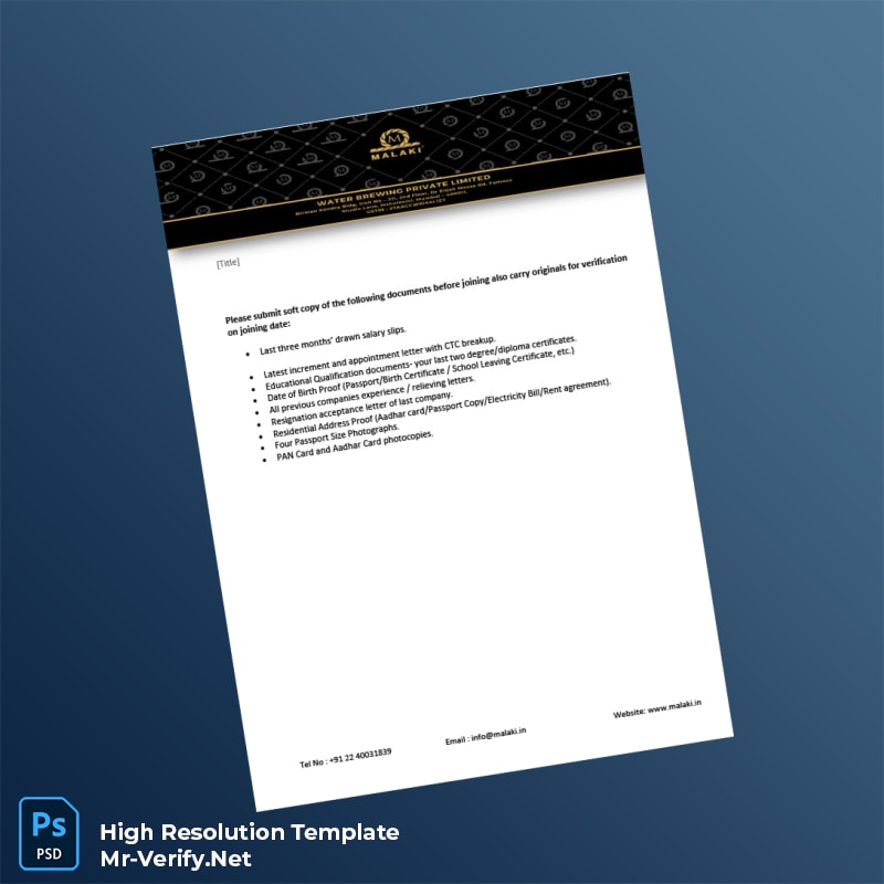 Editable India Water Brewing Private Limited Offer Letter Word and Pdf Template 3 page Editable India Water Brewing Private Limited Offer Letter Word and Pdf Template 3 page