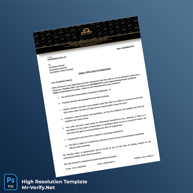 Editable India Water Brewing Private Limited Offer Letter Word and Pdf Template 3 page Editable India Water Brewing Private Limited Offer Letter Word and Pdf Template 3 page