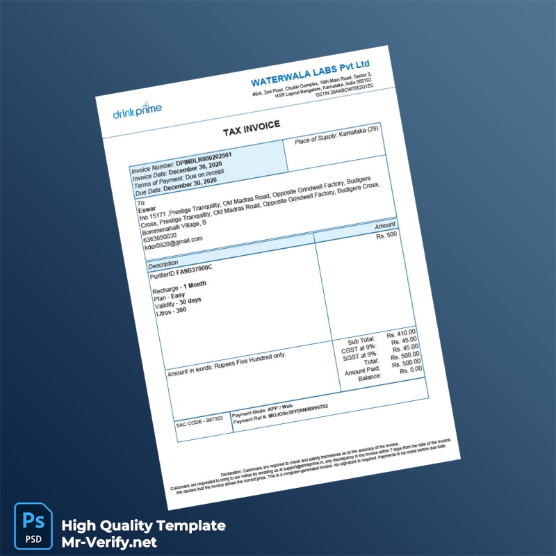 India Waterwala Labs Pvt Ltd Tax Invoice Template in Word and PDF formats India Waterwala Labs Pvt Ltd Tax Invoice Template in Word and PDF formats