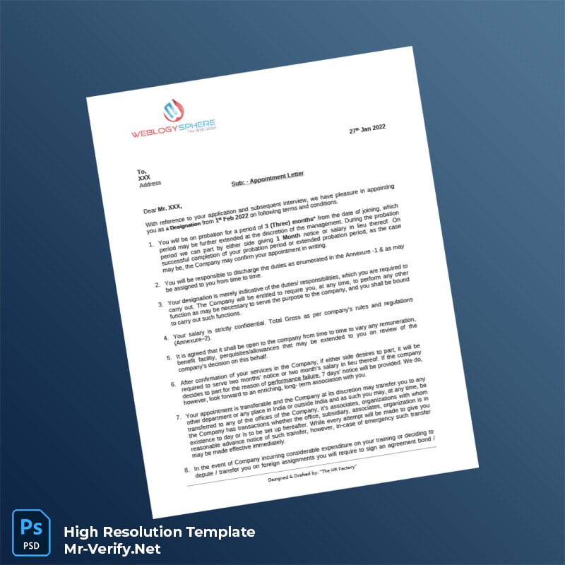 Editable India WeblogySphere Employment Verification Letter Word and Pdf Template 5 page Editable India WeblogySphere Employment Verification Letter Word and Pdf Template 5 page