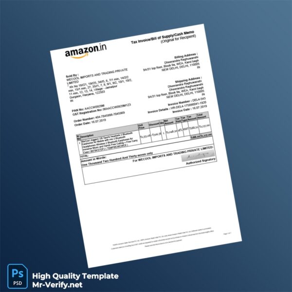 India Wecool Imports And Trading Private Limited Invoice Template in Word and PDF formats