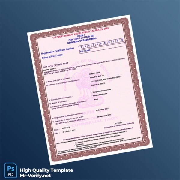 India West Bengal Commercial Taxes Department VAT Registration Certificate Template in Word and PDF formats India West Bengal Commercial Taxes Department VAT Registration Certificate Template in Word and PDF formats