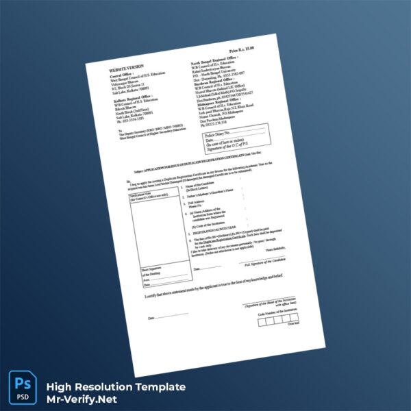 Editable India West Bengal Council of Higher Secondary Education Duplicate Registration Certificate Word and Pdf Template 2 page Editable India West Bengal Council of Higher Secondary Education Duplicate Registration Certificate Word and Pdf Template 2 page