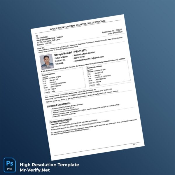 Editable India West Bengal Medical Council Final Registration Certificate Word and Pdf Template