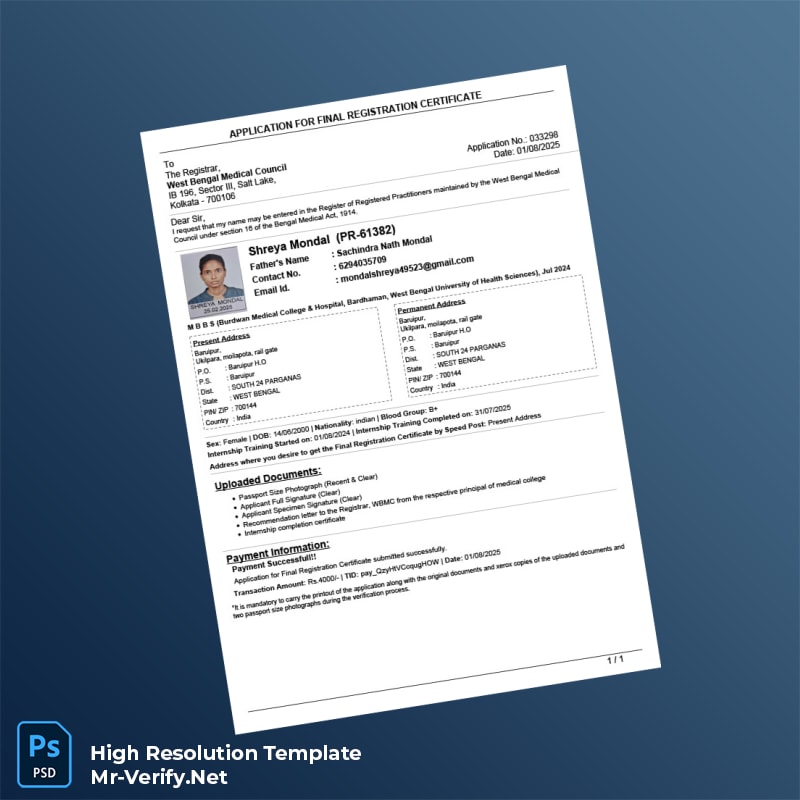 Editable India West Bengal Medical Council Final Registration Certificate Word and Pdf Template Editable India West Bengal Medical Council Final Registration Certificate Word and Pdf Template