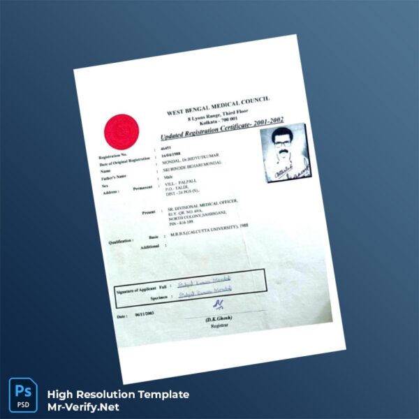 Editable India West Bengal Medical Council Updated Registration Certificate Word and Pdf Template Editable India West Bengal Medical Council Updated Registration Certificate Word and Pdf Template