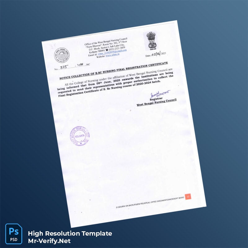 Editable India West Bengal Nursing Council Editable B SC Nursing Final Registration Certificate Word and Pdf Template Editable India West Bengal Nursing Council Editable B SC Nursing Final Registration Certificate Word and Pdf Template