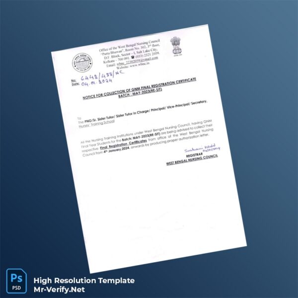 India West Bengal Nursing Council Editable Final Registration Certificate Word and Pdf Template India West Bengal Nursing Council Editable Final Registration Certificate Word and Pdf Template