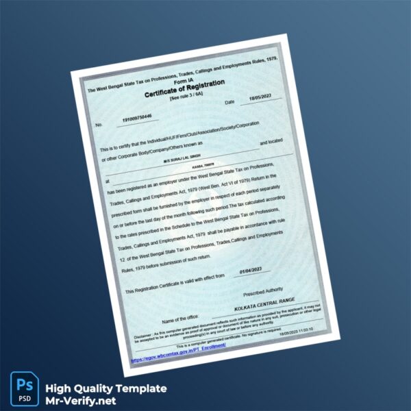 India West Bengal State Tax Department Registration Certificate Template in Word and PDF formats India West Bengal State Tax Department Registration Certificate Template in Word and PDF formats