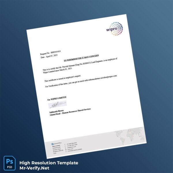 Editable India Wipro Limited Employment Verification Letter Word and Pdf Template