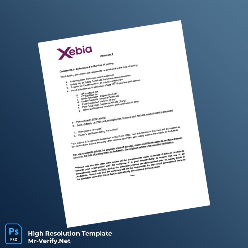 Editable India Xebia IT Employment Verification Letter Word and Pdf Template 4 page Editable India Xebia IT Employment Verification Letter Word and Pdf Template 4 page