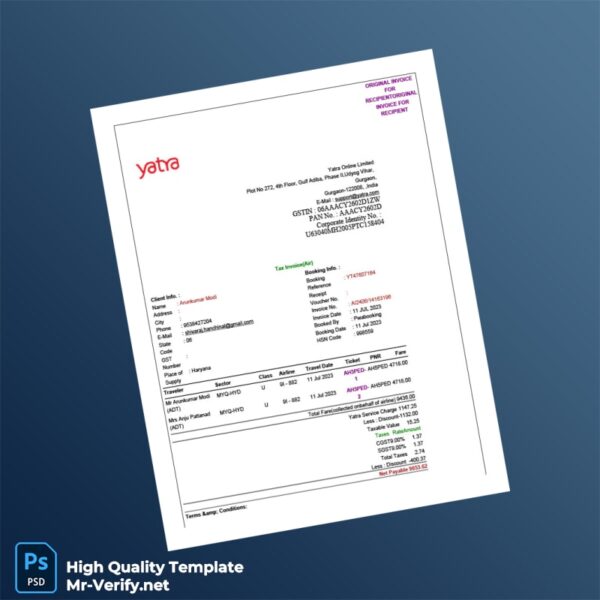 India Yatra Online Limited Invoice Template in Word and PDF formats 2 page