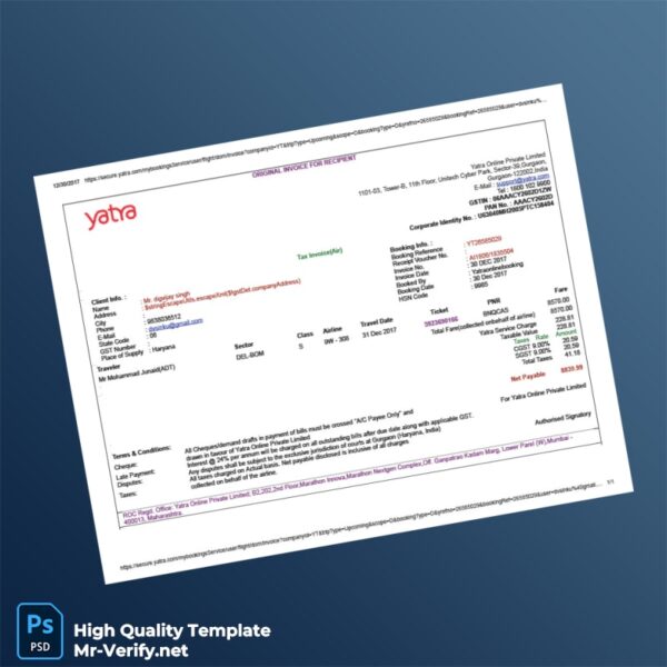 India Yatra Online Private Limited Tax Invoice Template in Word and PDF formats