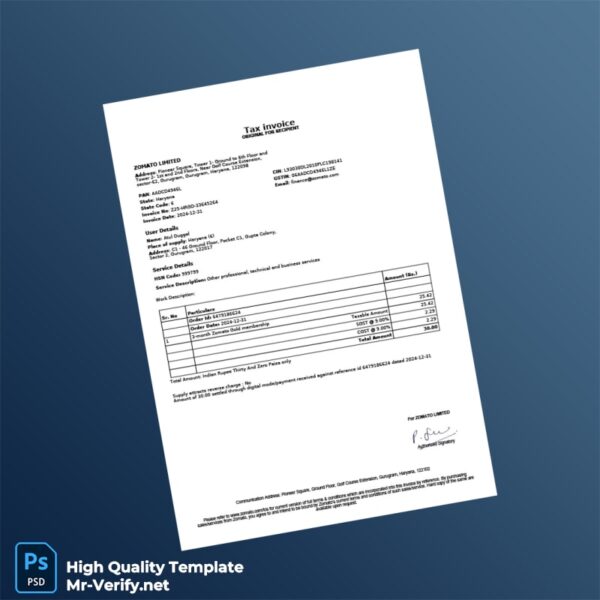 India Zomato Limited Invoice Template in Word and PDF formats