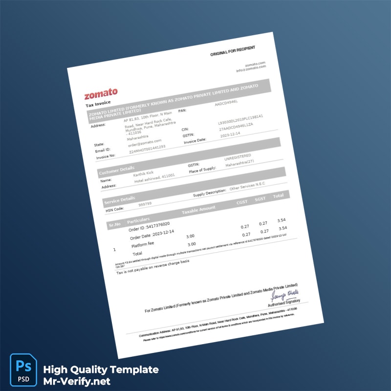 India Zomato Limited Tax Invoice Template in Word and PDF formats 3 page India Zomato Limited Tax Invoice Template in Word and PDF formats 3 page