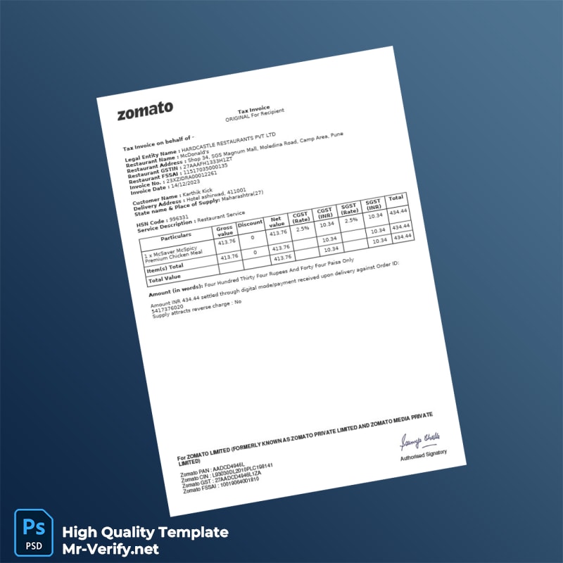 India Zomato Limited Tax Invoice Template in Word and PDF formats 3 page India Zomato Limited Tax Invoice Template in Word and PDF formats 3 page