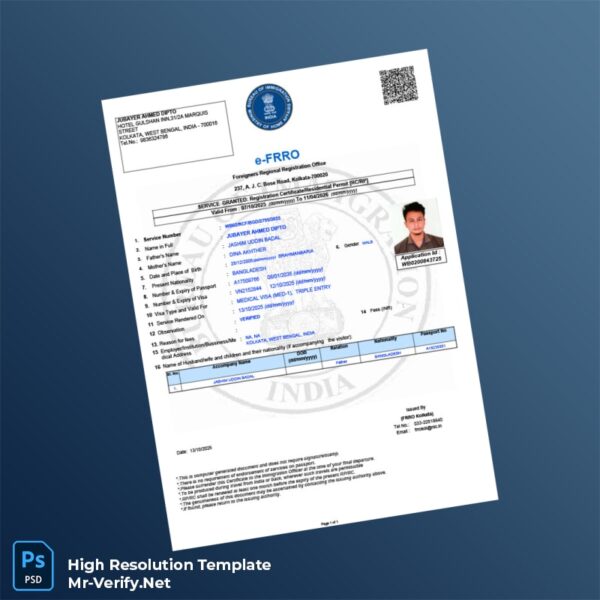 Editable India e-FRRO Registration Certificate Word and Pdf Template