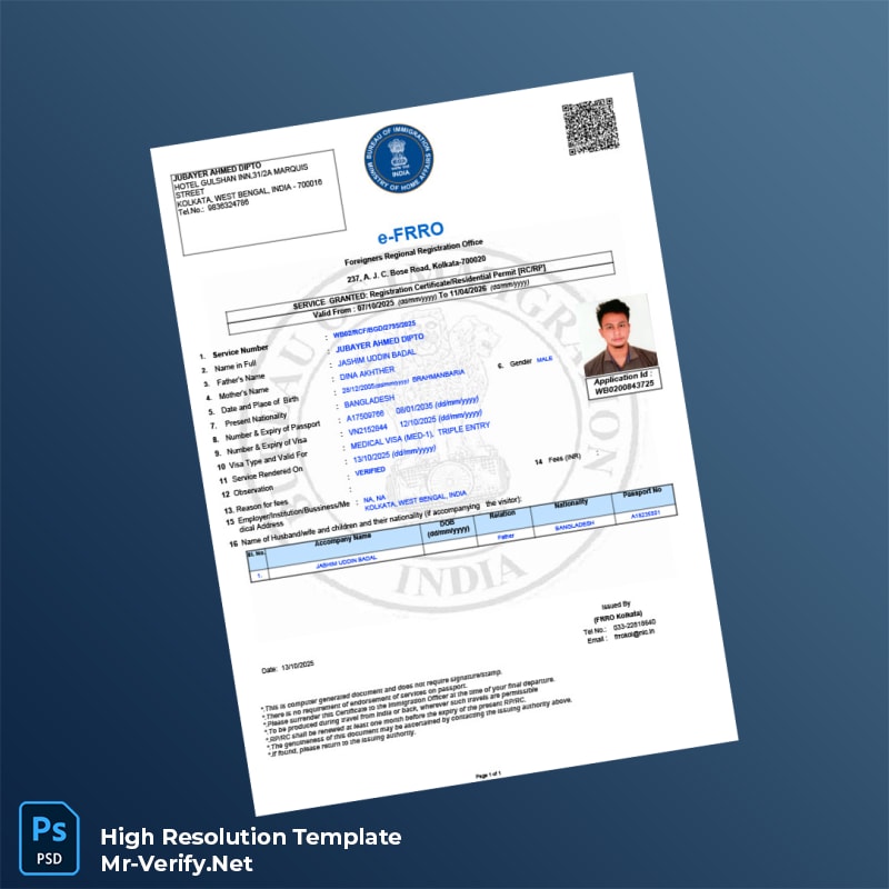 Editable India e-FRRO Registration Certificate Word and Pdf Template Editable India e-FRRO Registration Certificate Word and Pdf Template