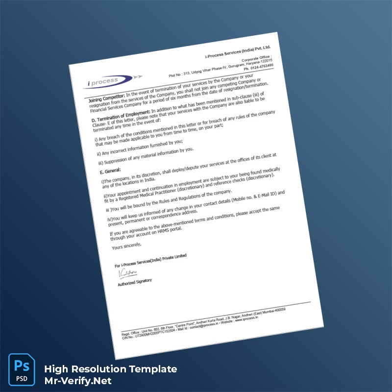 Editable India i-Process Services India Pvt Ltd Employment Verification Letter Word and Pdf Template 6 page Editable India i-Process Services India Pvt Ltd Employment Verification Letter Word and Pdf Template 6 page