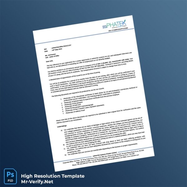 Editable India mPHATEX Systems Private Limited Employment Verification Letter Word and Pdf Template 3 page Editable India mPHATEX Systems Private Limited Employment Verification Letter Word and Pdf Template 3 page