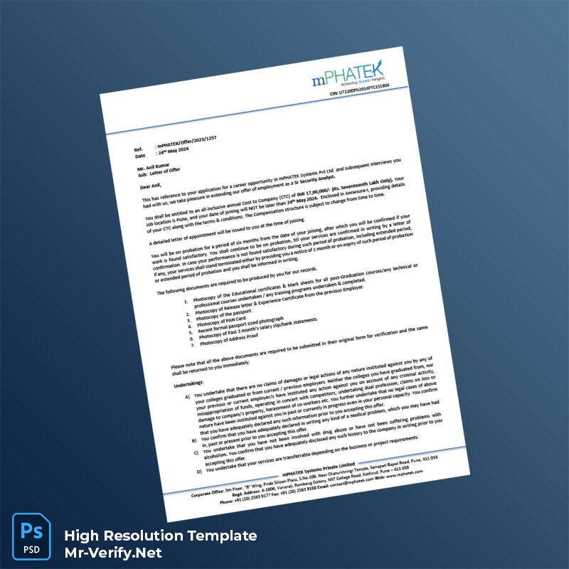 Editable India mPHATEX Systems Private Limited Employment Verification Letter Word and Pdf Template 3 page Editable India mPHATEX Systems Private Limited Employment Verification Letter Word and Pdf Template 3 page