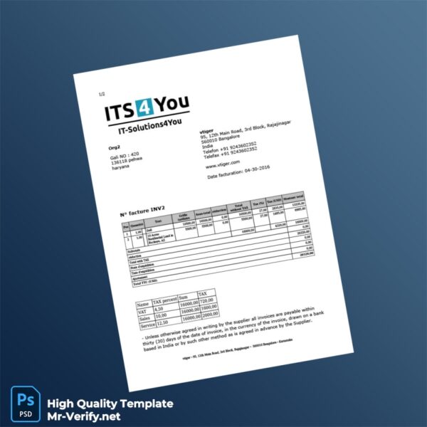 India vtiger Invoice Template in Word and PDF formats 2 page