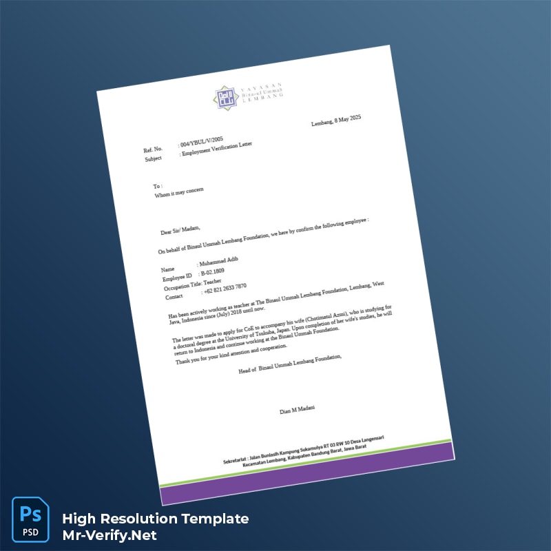 Editable Indonesia Binaul Ummah Lembang Foundation Employment Verification Letter Word and Pdf Template Editable Indonesia Binaul Ummah Lembang Foundation Employment Verification Letter Word and Pdf Template
