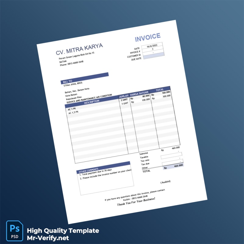 Indonesia CV MITRA KARYA Invoice Template in Word and PDF formats 6 page Indonesia CV MITRA KARYA Invoice Template in Word and PDF formats 6 page