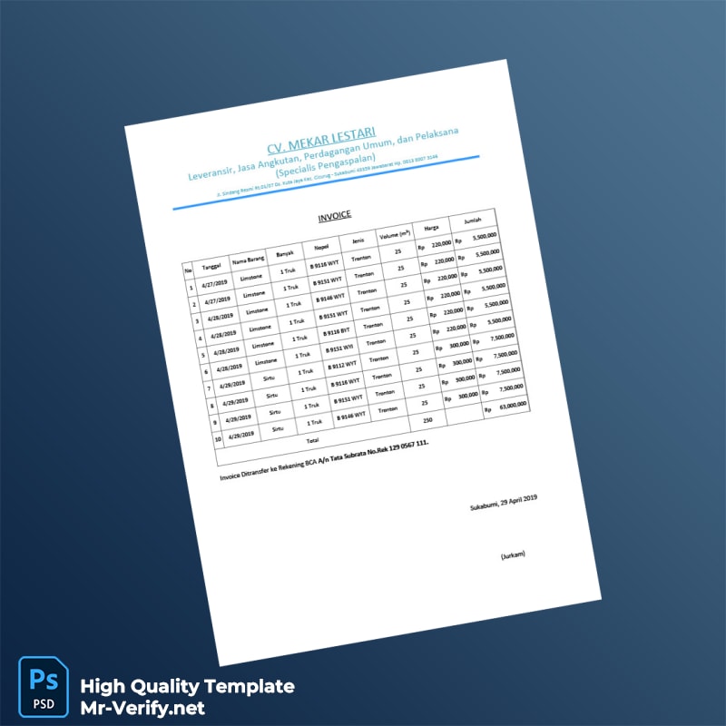 Indonesia CV Mekar Lestari Invoice Template in Word and PDF formats Indonesia CV Mekar Lestari Invoice Template in Word and PDF formats