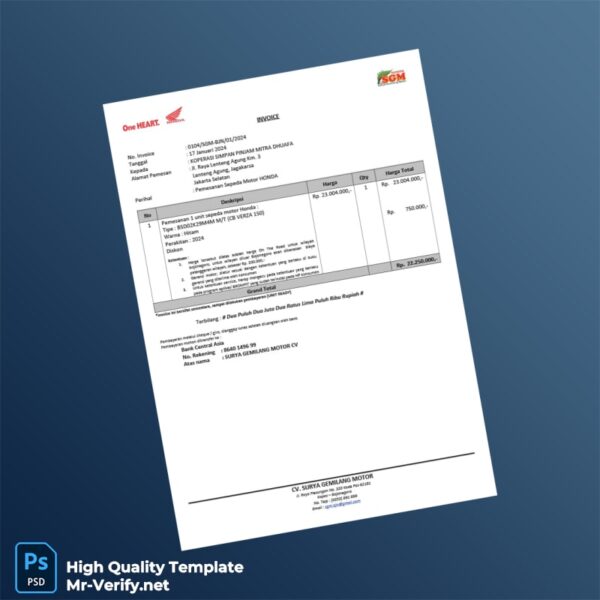 Indonesia CV Surya Gemilang Motor Invoice Template in Word and PDF formats 2 page Indonesia CV Surya Gemilang Motor Invoice Template in Word and PDF formats 2 page