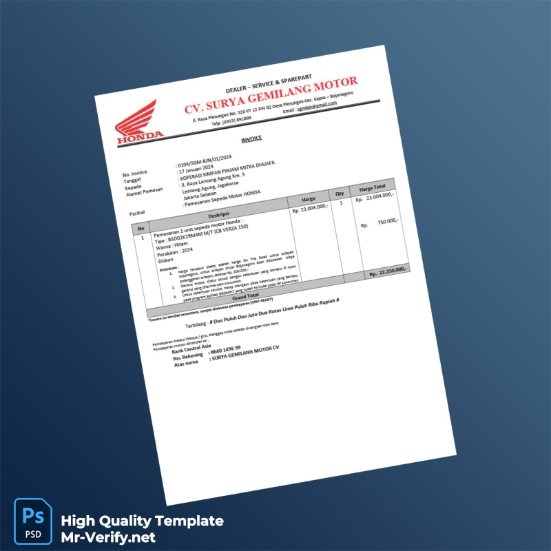 Indonesia CV Surya Gemilang Motor Invoice Template in Word and PDF formats 2 page Indonesia CV Surya Gemilang Motor Invoice Template in Word and PDF formats 2 page