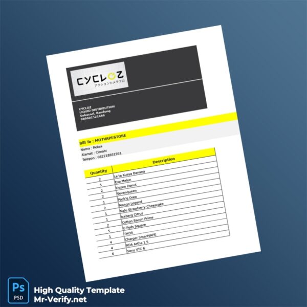 Indonesia CYCLOZ LIQUID DISTRIBUTION Invoice Template in Word and PDF formats 4 page