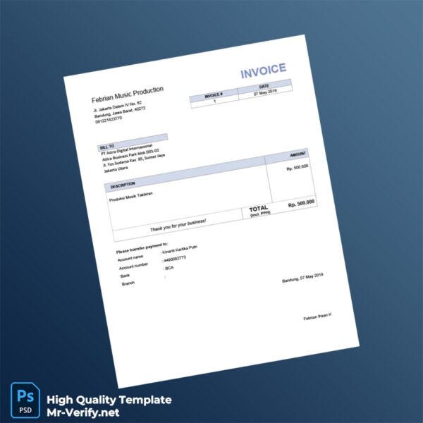Indonesia Febrian Music Production Invoice Template in Word and PDF formats