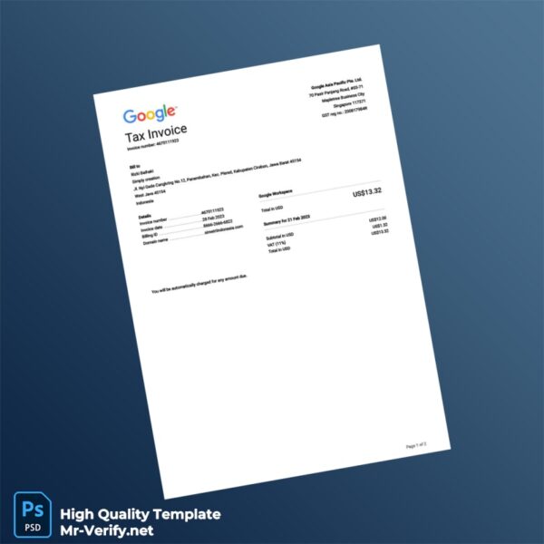 Indonesia Google Asia Pacific Pte Ltd Tax Invoice Template in Word and PDF formats 2 page