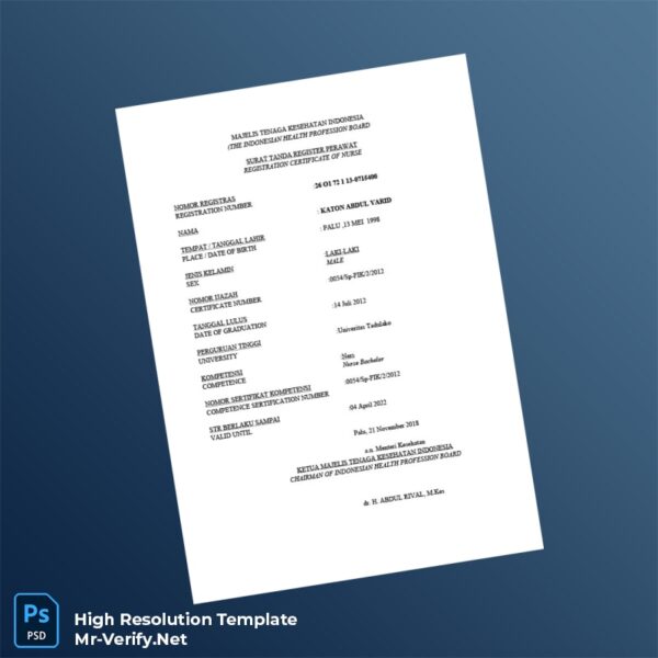 Editable Indonesia Indonesian Health Profession Board Nurse Registration Certificate Word and Pdf Template 3 page Editable Indonesia Indonesian Health Profession Board Nurse Registration Certificate Word and Pdf Template 3 page