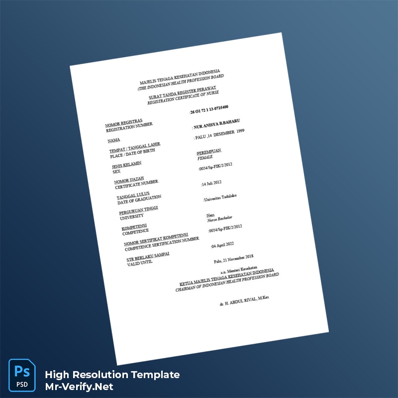 Editable Indonesia Indonesian Health Profession Board Nurse Registration Certificate Word and Pdf Template 3 page Editable Indonesia Indonesian Health Profession Board Nurse Registration Certificate Word and Pdf Template 3 page
