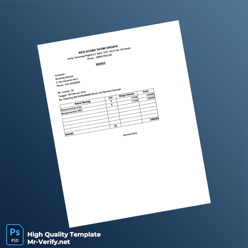 Indonesia Kios Istana Yatim Dhuafa Invoice Template in Word and PDF formats 2 page Indonesia Kios Istana Yatim Dhuafa Invoice Template in Word and PDF formats 2 page