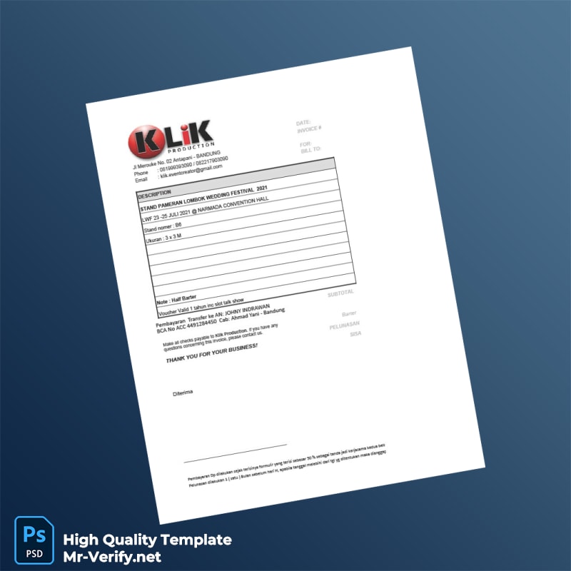 Indonesia Klik Production Invoice Template in Word and PDF formats 3 page Indonesia Klik Production Invoice Template in Word and PDF formats 3 page