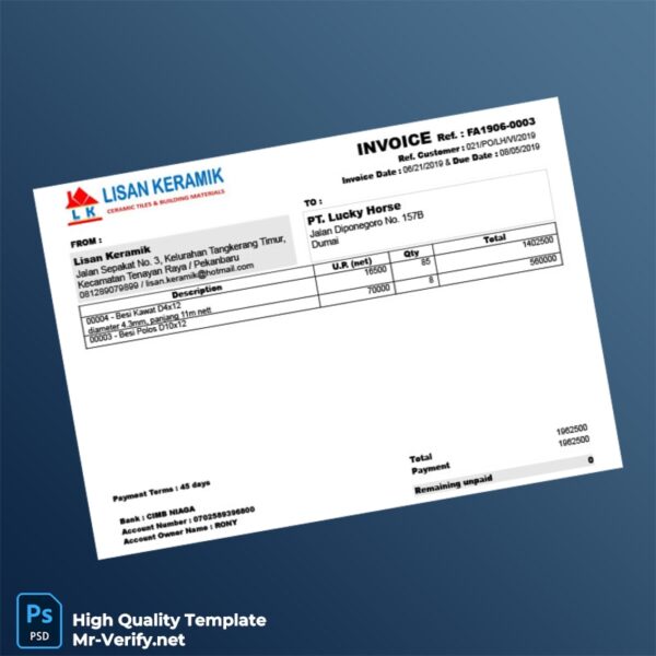 Indonesia Lisan Keramik Invoice Template in Word and PDF formats Indonesia Lisan Keramik Invoice Template in Word and PDF formats