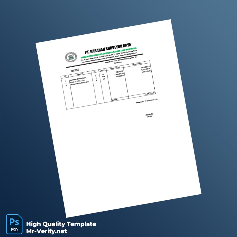 Indonesia PT Hasanah Surveyor Raya Invoice Template in Word and PDF formats 2 page Indonesia PT Hasanah Surveyor Raya Invoice Template in Word and PDF formats 2 page